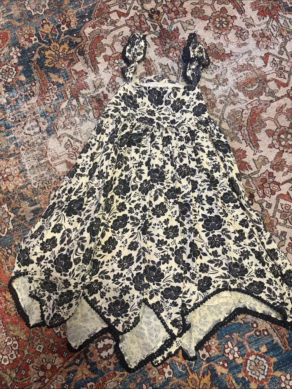 Jolie Black and Cream Floral Tie-Strap Handkerchief Hem Dress